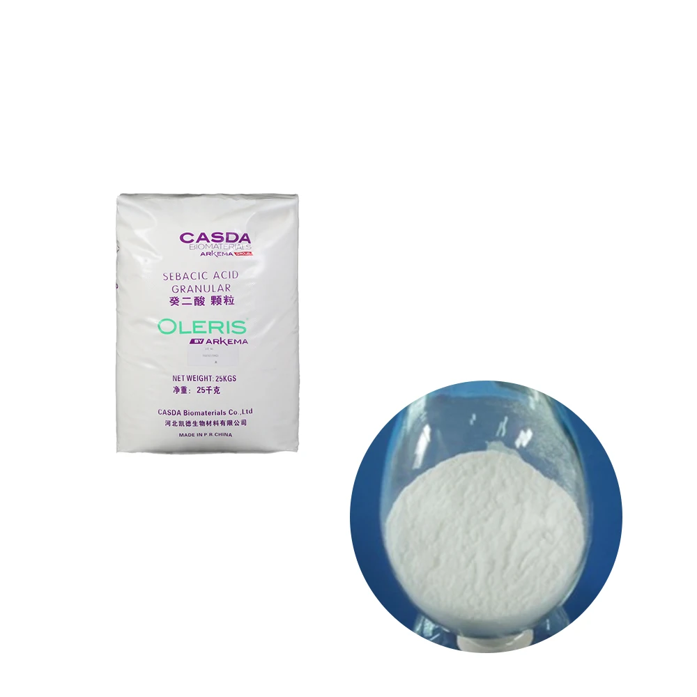 High quality sebacic acid n-decanedioicacid is used in polyamide, polyurethane, alkyd resin.