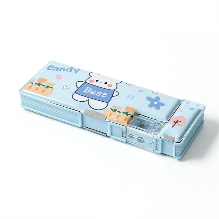 Fancy school supplies stationery multipurpose large Plastic cute child pen Pouch Kawaii Animals Folding blue 2 sided pencil box