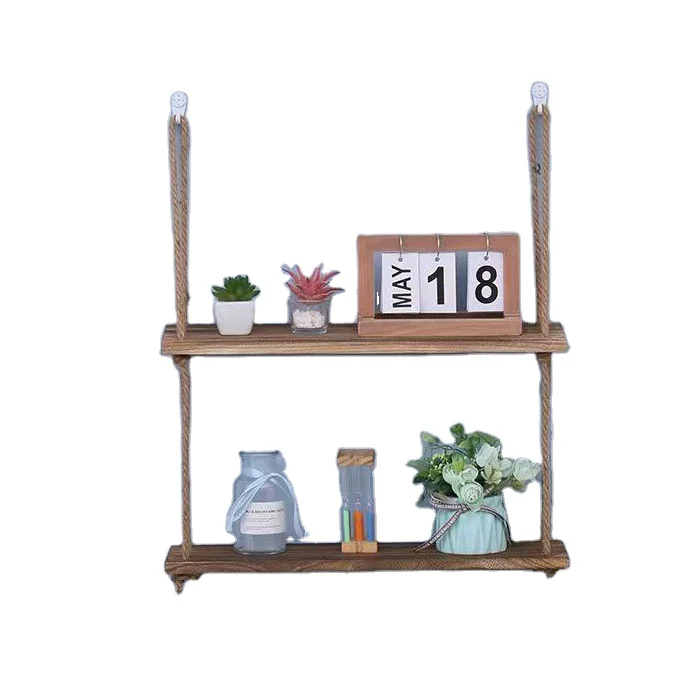 Farmhouse Rustic Wood Floating Wall Shelves with rope Hanging Shelf plant Organizer for bathroom office wall decoration