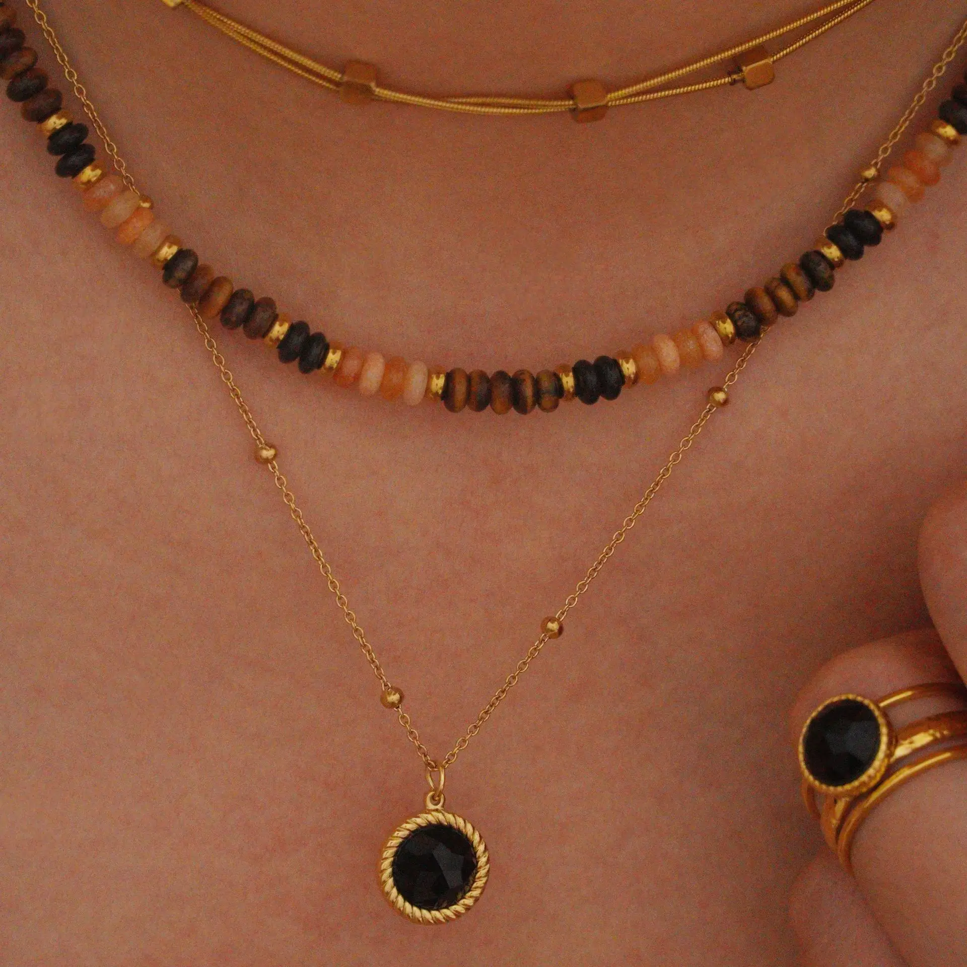 2024 Summer Jewelry For Women Black Agate Stone Beads Stainless Steel 14k Gold Plated Anti Tarnish Wholesale Jewelry Necklace