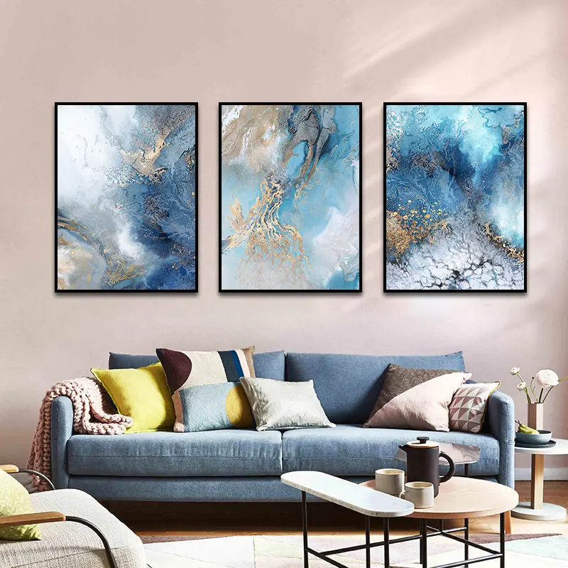 Abstract Gold Blue Watercolor Poster Wall Art Print Nordic Home Decoration Picture Modern Painting Canvas For Living Room Decor