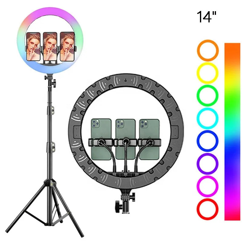 Amazon Hot Sell 14 Inch RGB led selfie ring light with 2.1m tripod stand Photographic Lighting makeup mobile phone Live Beauty