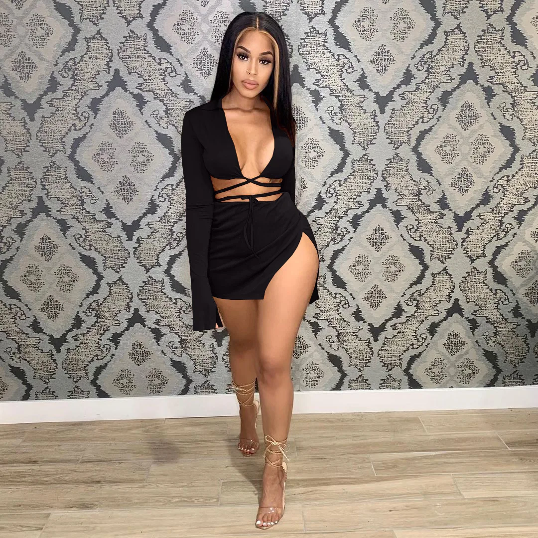 2022 summer new fashion solid color long sleeve cropped top sexy short skirt and shirt set women two piece skirt set