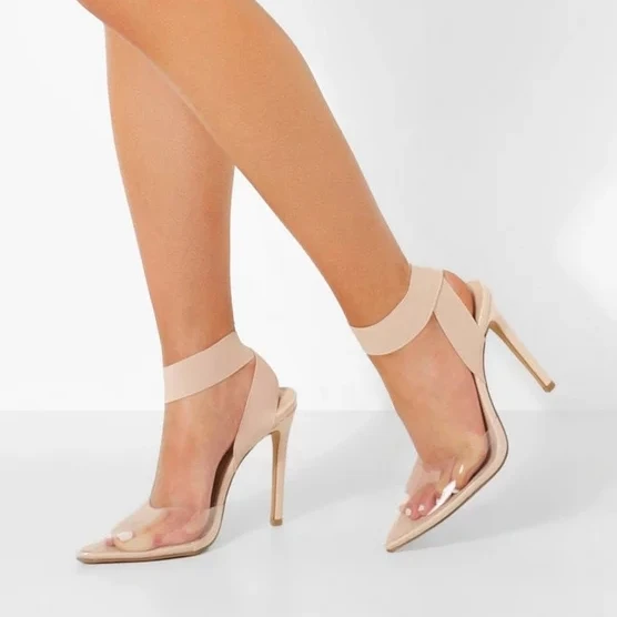 Ladies Transparent High Heeled Pumps Pointed Toe Elastic Strap Clear Heels