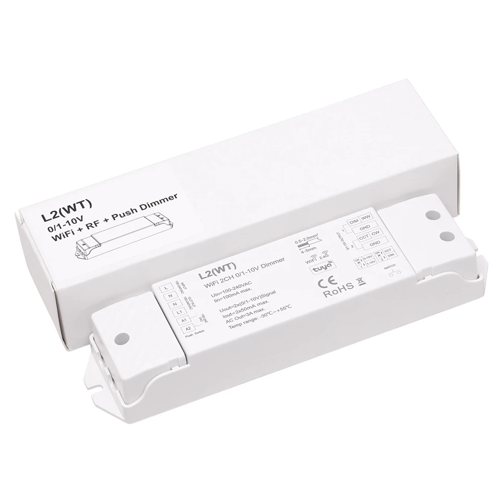Светодиодный контроллер L2(WT) 0/1-10 В Wi-Fi + RF диммер с нажимом 2CH DIM & CCT Голосовое управление через приложение Tuya