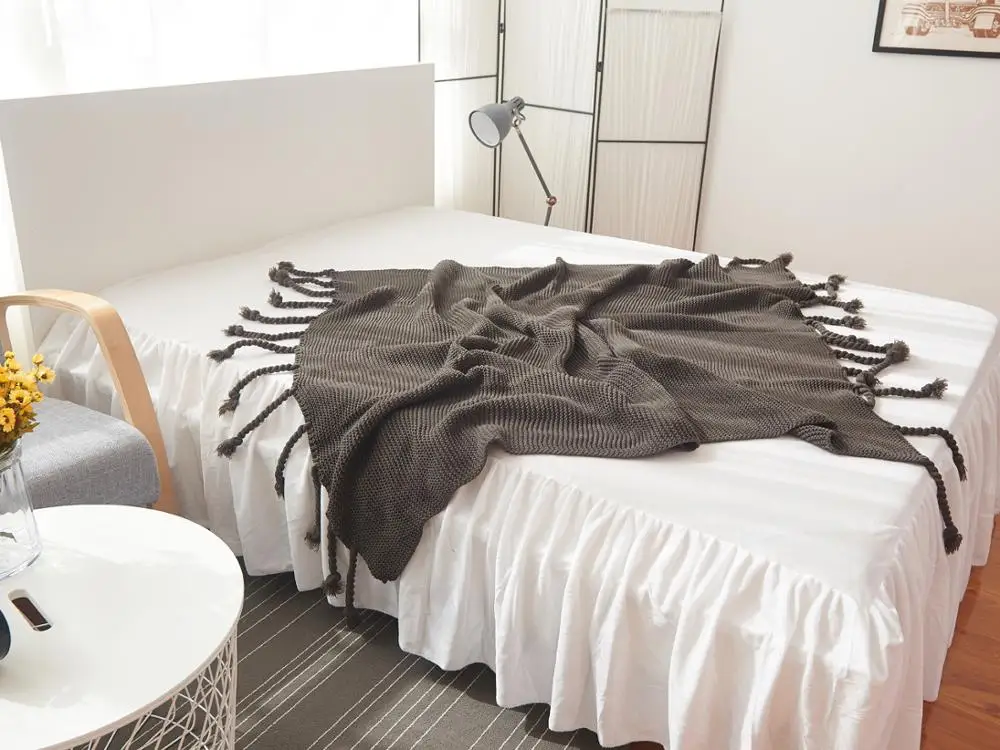 faux cashmere Knitted Throw Blanket With Tassle--micro Polyester chunky crochet throw