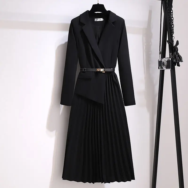 women blazer dress long sleeves spring autumn formal career dresses pleated lady suits vintage design