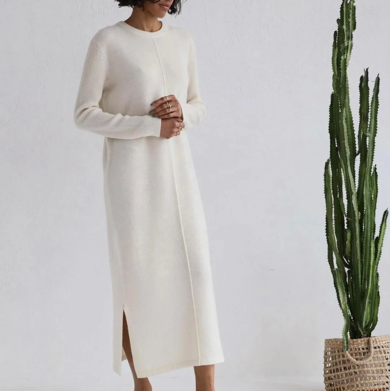 Pullover Kleid Oversized Wool Maxi Sweater Dress Plain Crew Neck Long Sleeve Ladies Winter Wool Dresses With Slit