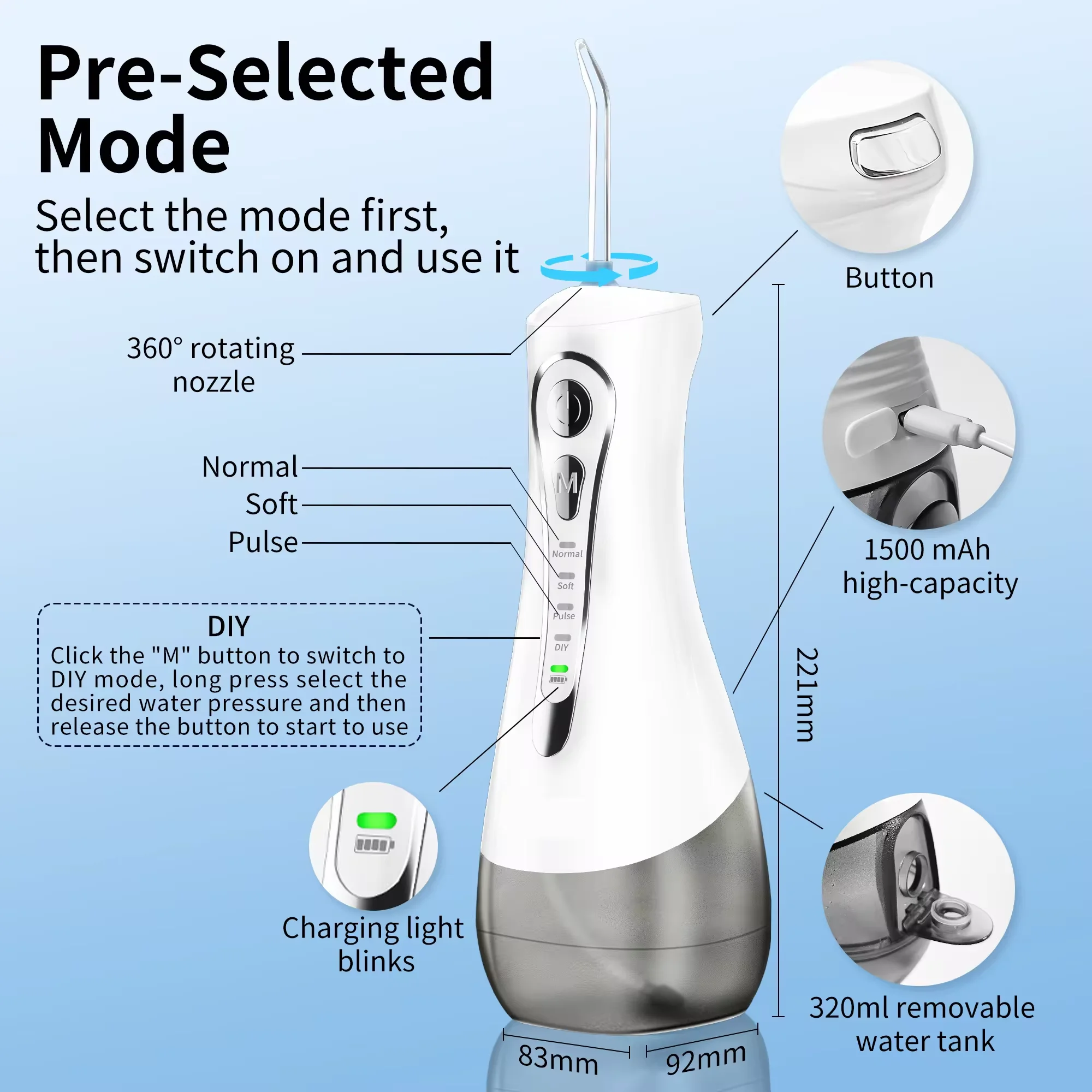 Free shipping Water Dental Flosser Waterproof Ipx7 Portable Oral Irrigator 30-130psi Electric Waterflosser For Household Teeth