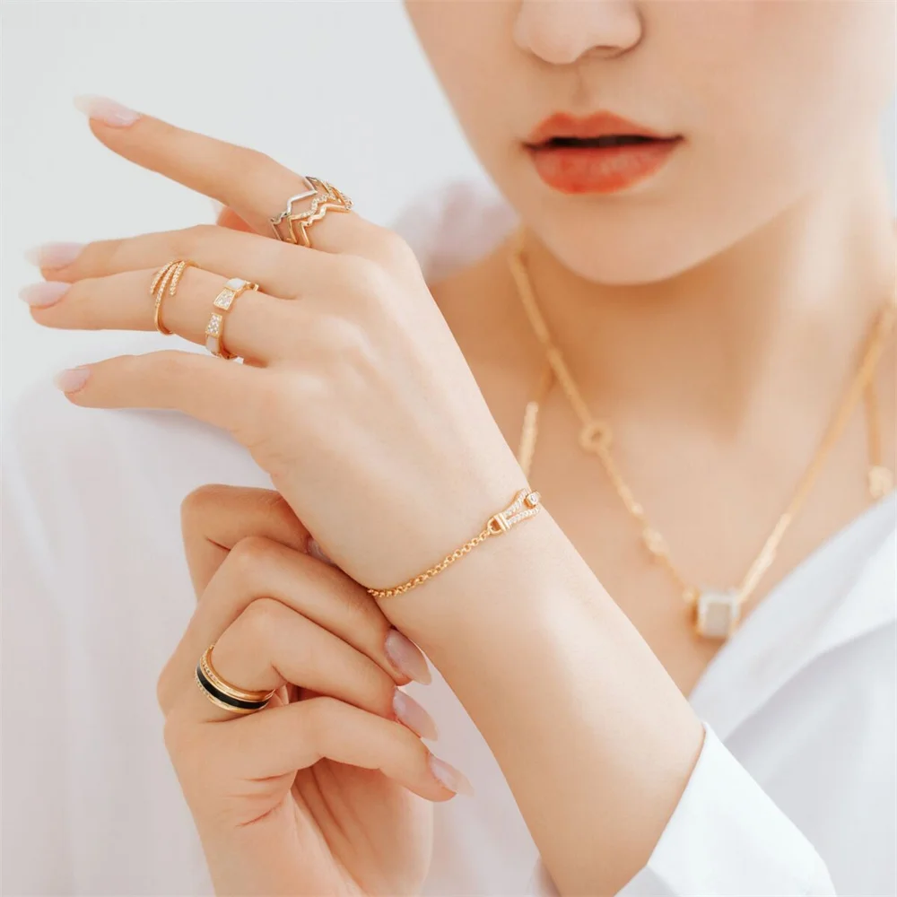 Creative 925 Sterling Silver Double Hoop Bracelet Unique Design 18K Gold Plated Cross Chain Cubic Zirconia Bracelet