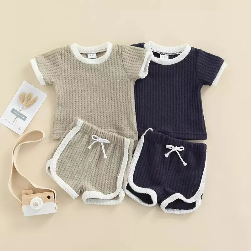 Toddler Infant Baby Boys Summer Clothes Suit Newborn Kids Boy Ribbed Knitted Plaid Short Sleeve T-shirts+Shorts Tracksuits Sets