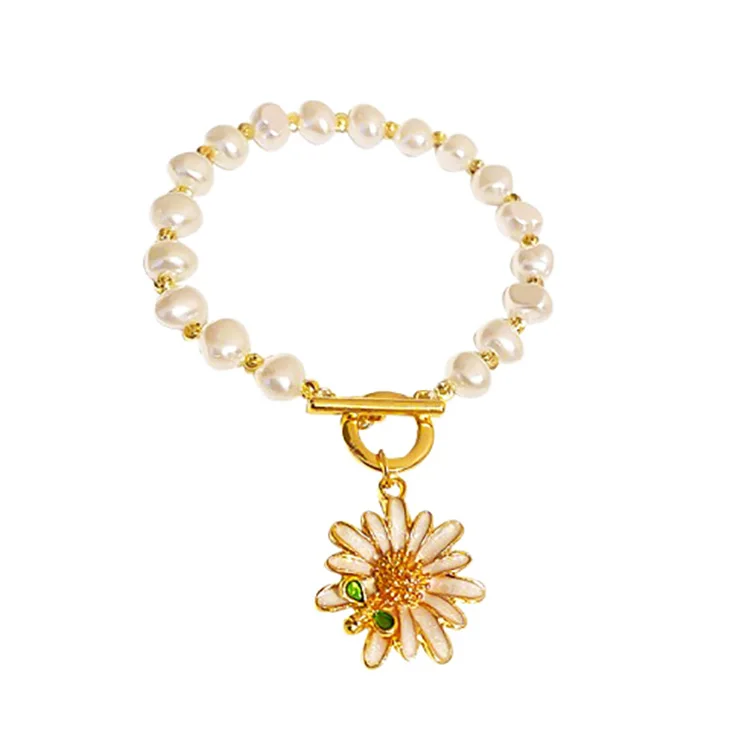gold plated bees daisy flower gemstone gemstone gemstone bracelet pearl bracelet