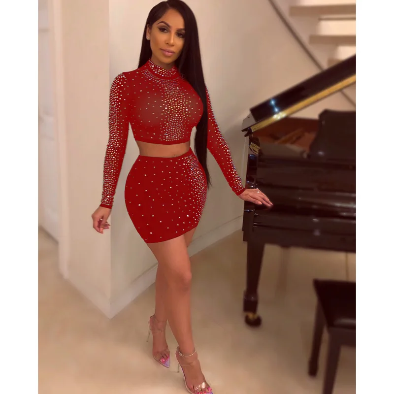 Popular standing collar long sleeve perspective mesh hot drill irregular Skirt Set