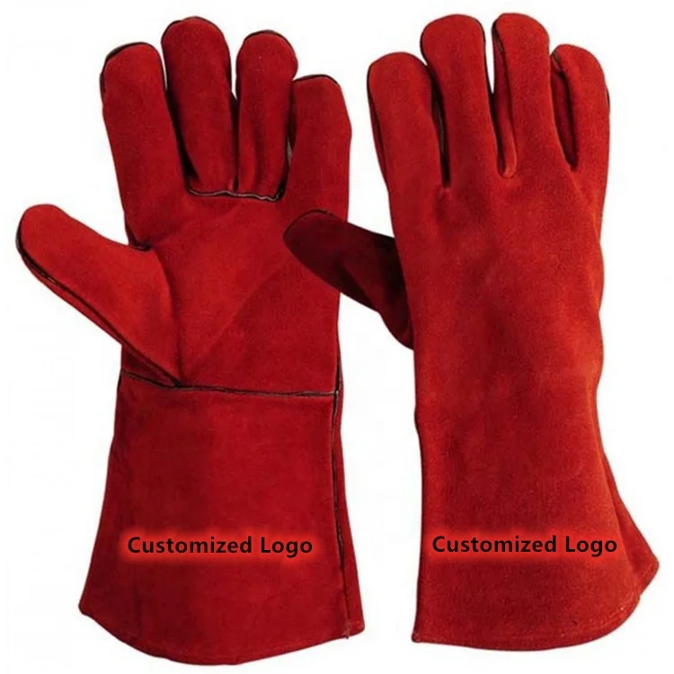 customer made welding gloves  resistant Hotsale  safety work winter warm Long mig argon Cow split leather Red welding gloves