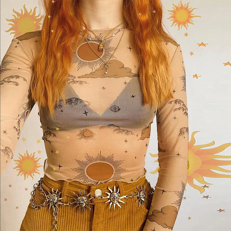 
Kakhi Long Sleeve Angel Printed Mesh Basic Tee Shirts Perspective Elastic Streetwear Wholesale Tops 