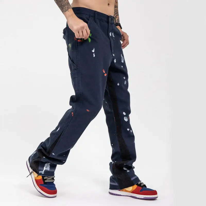 Blue Team | Custom size logo patch work print jean mens baggy flare jeans loose denim pants graffiti herren-jeans manufacturers