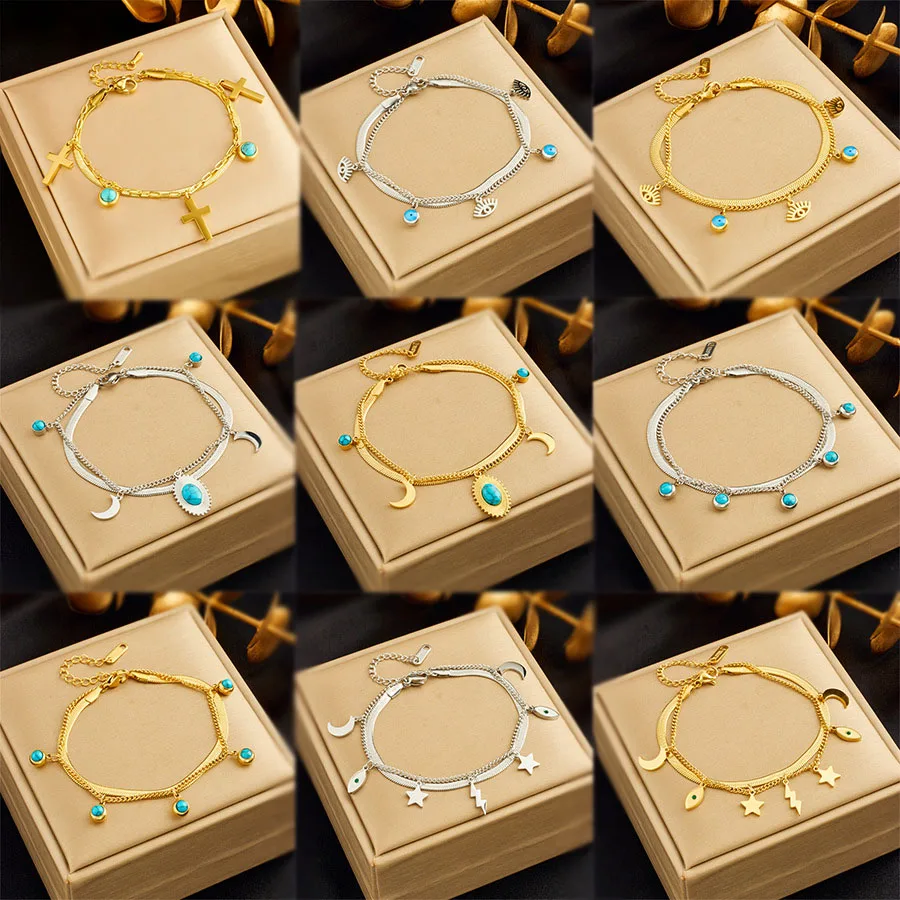 Stone Natural Solid 316L Stainless Steel Jewelry Wholesale Fashion Bracelet 18k gold Double Layer Turquoise Bracelet For Woman