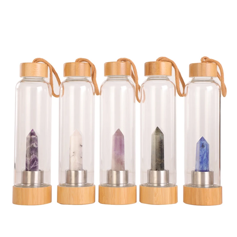 Amazon Top Quality Custom Logo 550ml Crystal Gemstone Healing Energy Crystal Gem Glass Water Bottle With Bamboo Lid