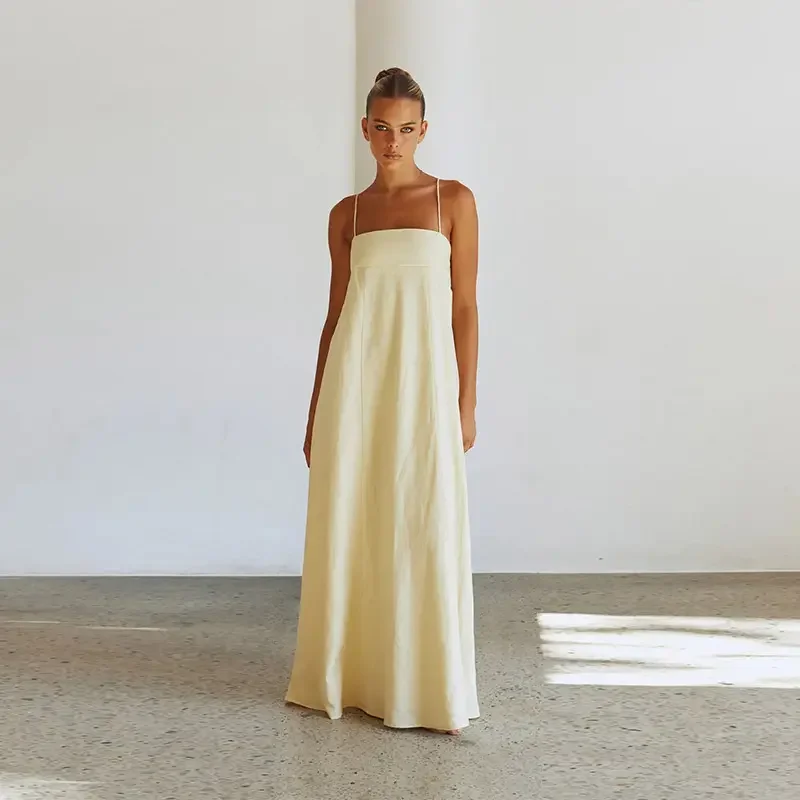 Summer simple elegant ladies spaghetti strap sleeveless side pocket plus size backless linen cotton maxi casual dresses