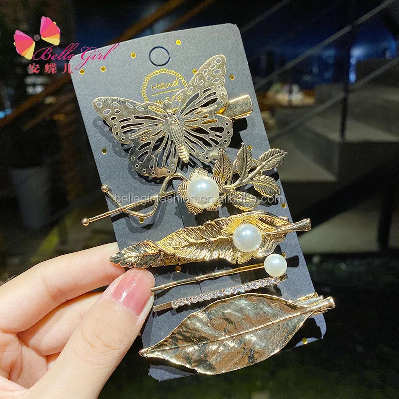 BELLEGIRL Custom fashion gold plated leaf butterfly hair pins accessories metal duck bill starfish eye hair clips set for women