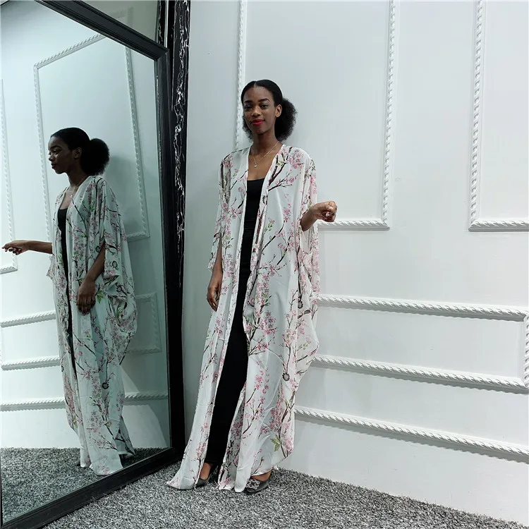 2021 High Quality Wholesale Turkish Chiffon Dubai Kaftan Long Batwing Floral Cardigan Muslim Dress Women Abaya Islamic Clothing