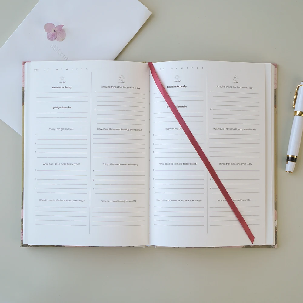 Custom Logo Planner A5 Pink Flowers Thermal Binding Diary Journal Gratitude And Growth Hardcover Notebook