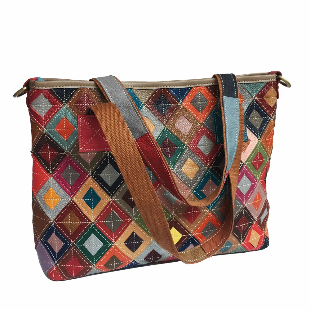 designer woman lady vintage casual street bohemian contrast color diamond check patchwork leather totebag shoulder crossbody bag