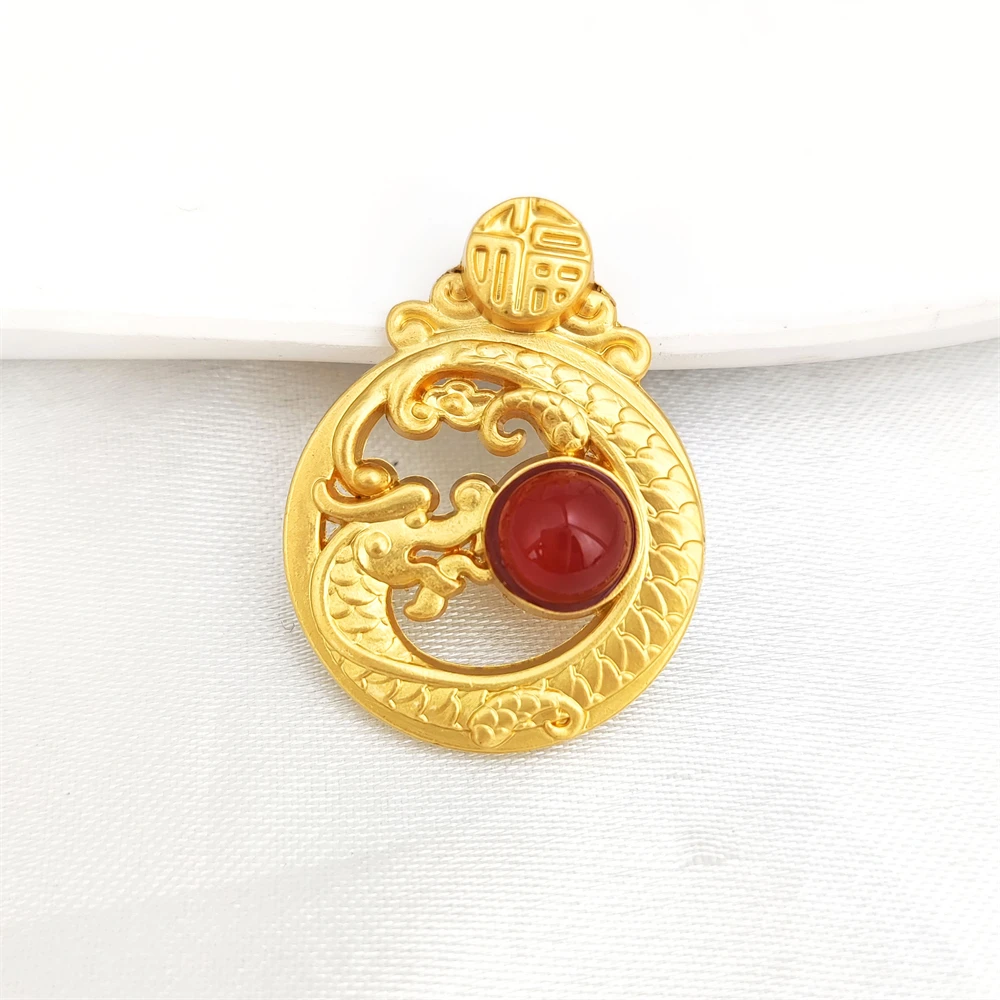 Ancient Gold Plated Copper Pendants Chinese Loong Red Jade Pendants Precious Stone Natural Carnelian Feather Gourd Amulet Charms
