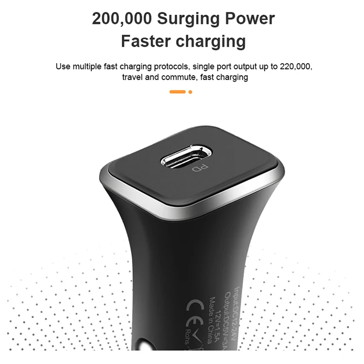 2021 Hot Selling Wholesale Usb Type C Car Charger Dc12-24 3.1a 18w
