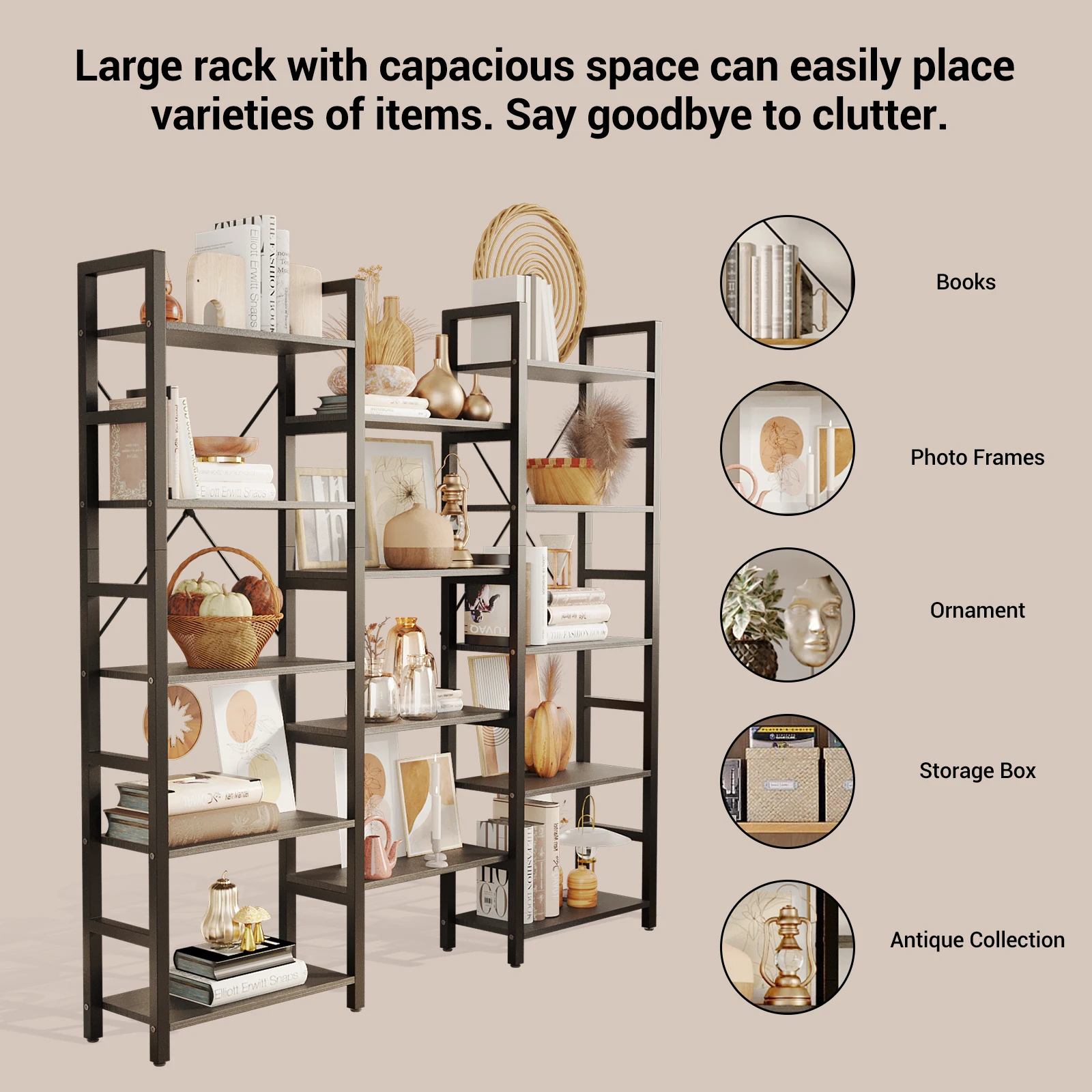 5-Tiers MDF Corner Bookshelf, Industrial Large Corner Bookcase, Wooden Book Shelves with Metal Frame for Living Room Home Office