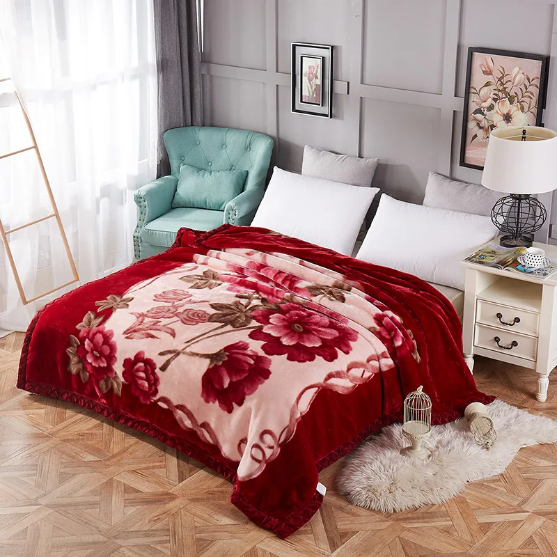 Raschel Blanket Polyester Double-layer Thick Blanket Winter Warm Flower Printed Pattern Soft Sleeping Blanket 5KG