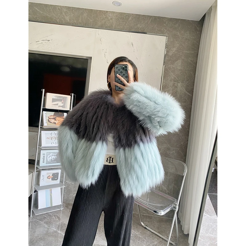 Real fox fur coat women 2023 luxury winter fashion contrast color natural fur strip lightweight jacket for lady workwear QU20