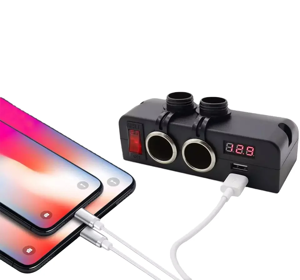 2 Sockets Cigarette Lighter Splitter Dual USB Car Charger DC Outlet Power Adapter with On Off Switch and Voltage Display