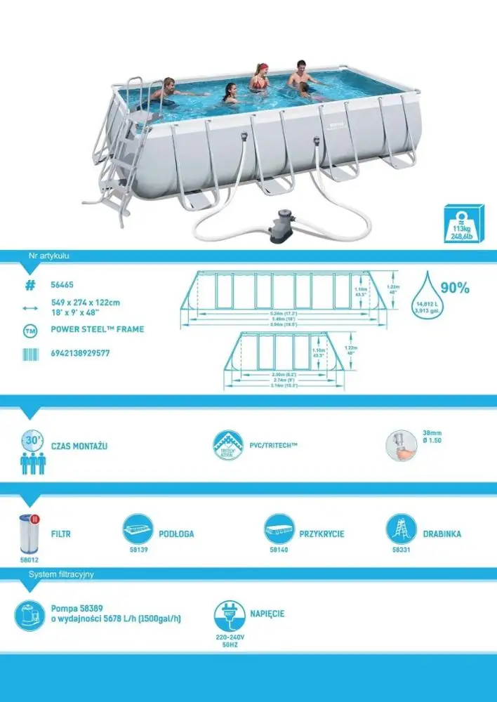 Bestway 56466 Rectangular Power superior steel design metal steel frame outdoor Above Ground Swimming Pool