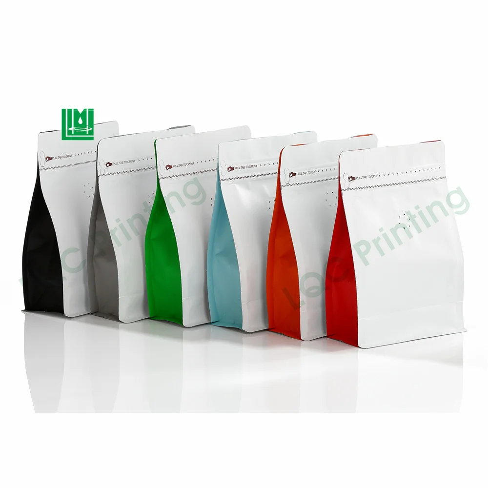 Ready to Ship 340g flat block box bottom doypack food coffee tea packaging bag with colour side gusset zipper and valve