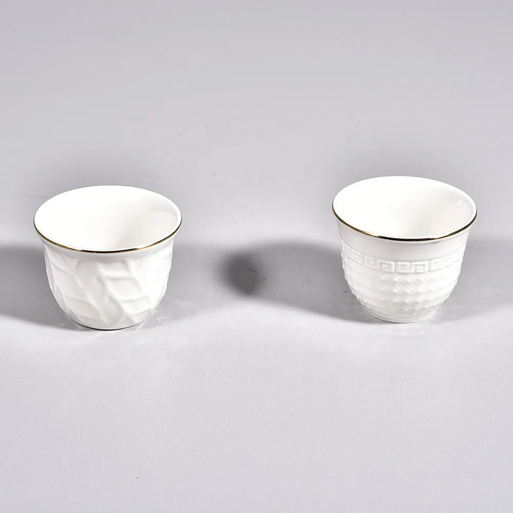 Middle east style 12pcs white embossed porcelain cawa tea cup