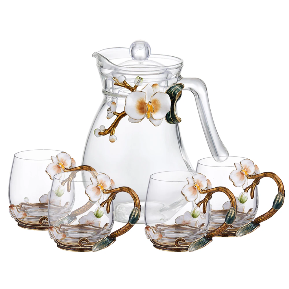 Customized Modern Transparent 5PCS Butterfly Orchid Enamel Thermostable Milk Juice Glass Tea Coffee Cup Set Mug Jug Spoon Set