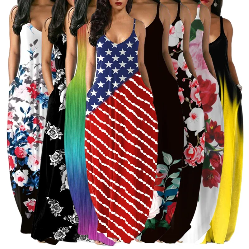 Hot Spaghetti Strap Sleeveless Scoop-Neck Pleated Printed Maxi Casual Dresses Women Lady Elegant