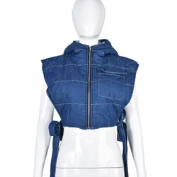 Hooded Denim Cotton Padded Washed Denim Vest 2023 Spring Womens Jean Puffer Vest Women Casual Bubble Bomber Jacket