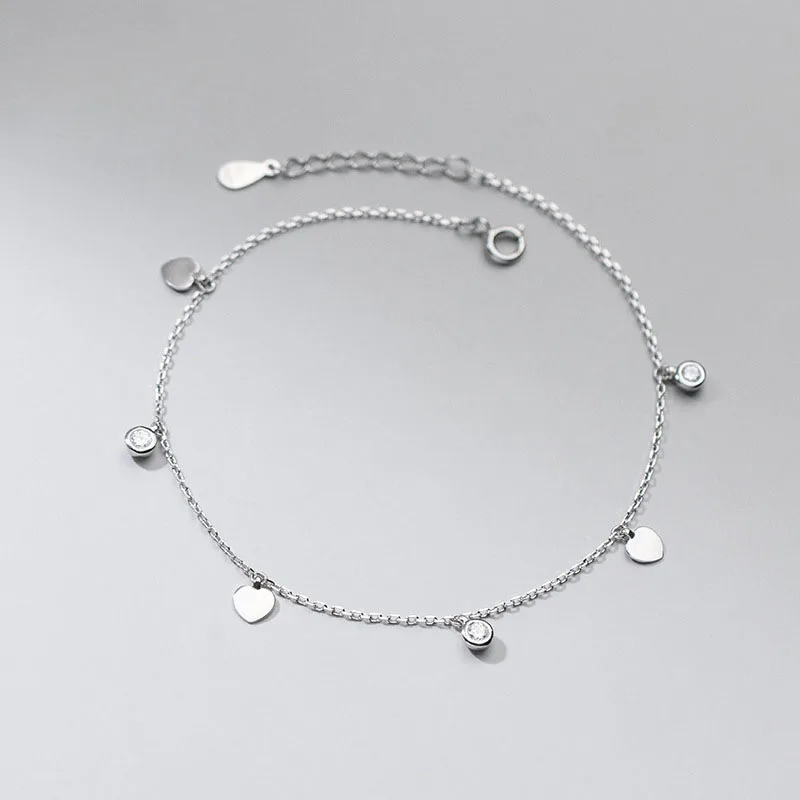  100% 925 Sterling Silver Zircon Coin Heart Charm Anklets For Women Beautiful Fashion