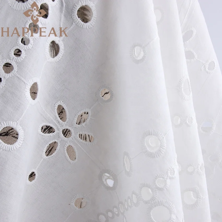 HAPPEAK Hot Sales Dark Blue Embroidered Fabric Hollow Eyelet White Embroidery 100% Cotton Fabric For Clothing