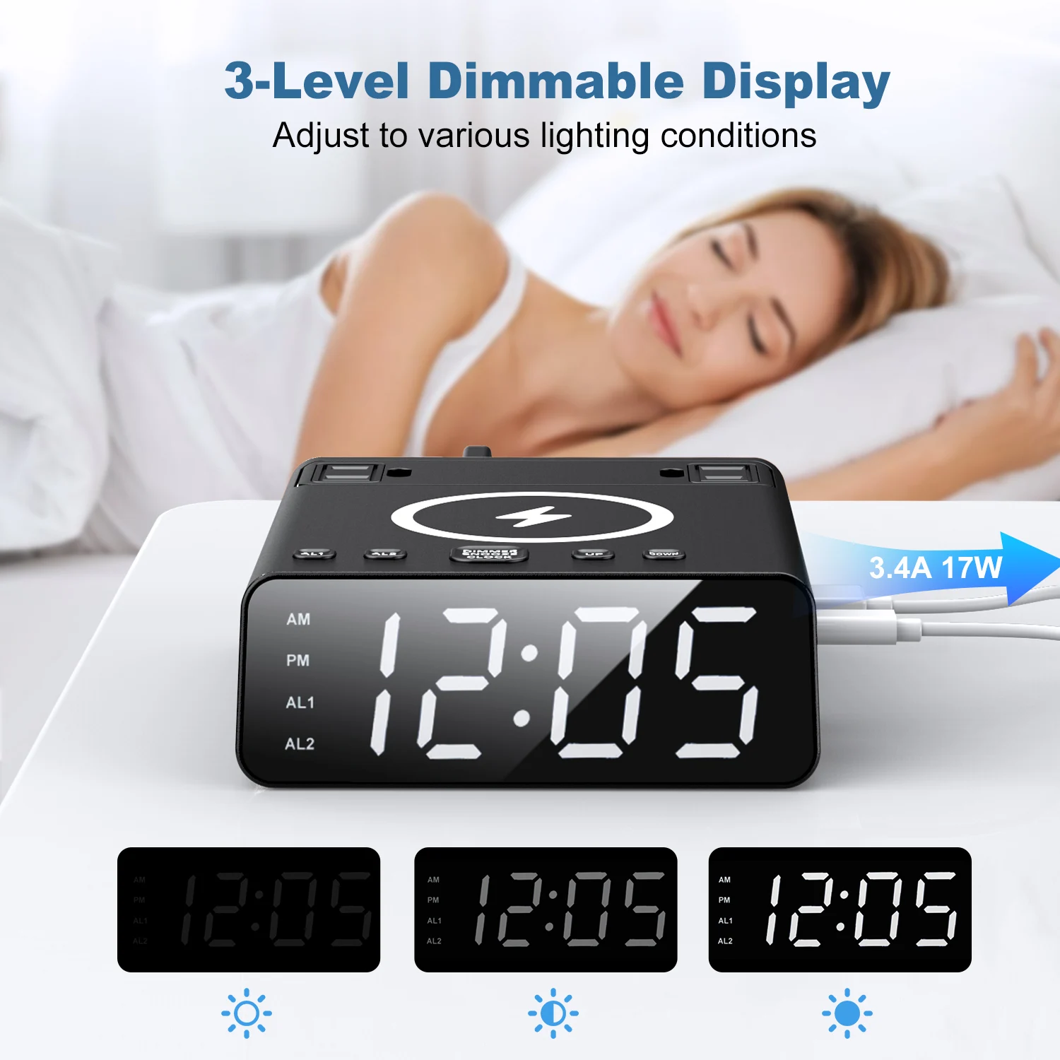 DC12 7-in -1 wireless charger type C charging ports USB  hub snooze digital alarm clock with AC outlet socket power strip