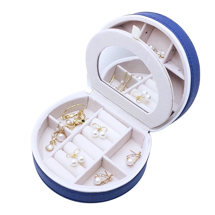 
promotion jewelry gift box custom Logo Travel Mirror Jewelry Box Zipper Leather Ring Jewelry Box 