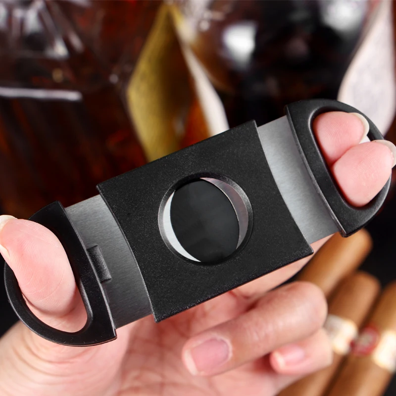 Wholesale Luxury Custom Logo Black Stainless Steel Double Blade Guillotine Cigar  Cutter for Cigar User
