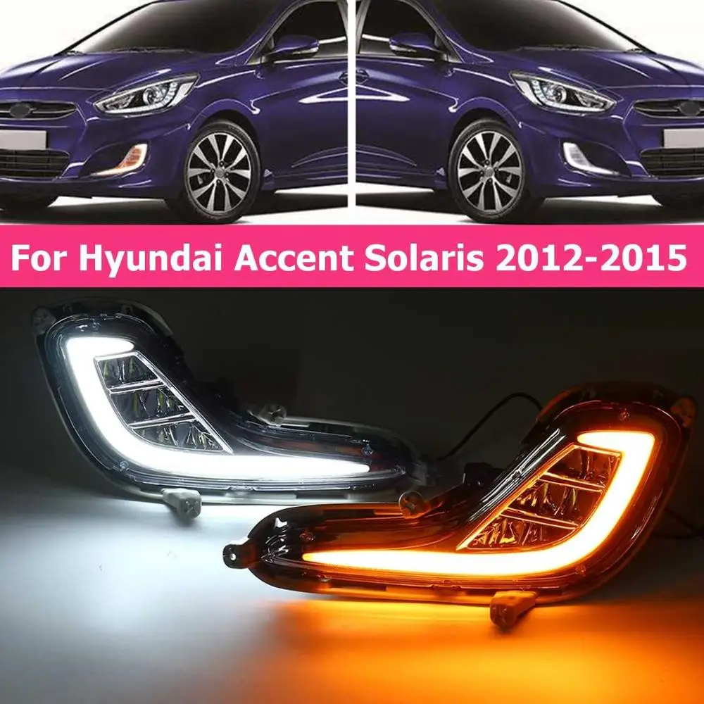 LED Daytime Running Light For Hyundai Accent Solaris 2010 2011 2012 2013 Yellow Turn Signal Relay DRL Fog Lamp accessories car