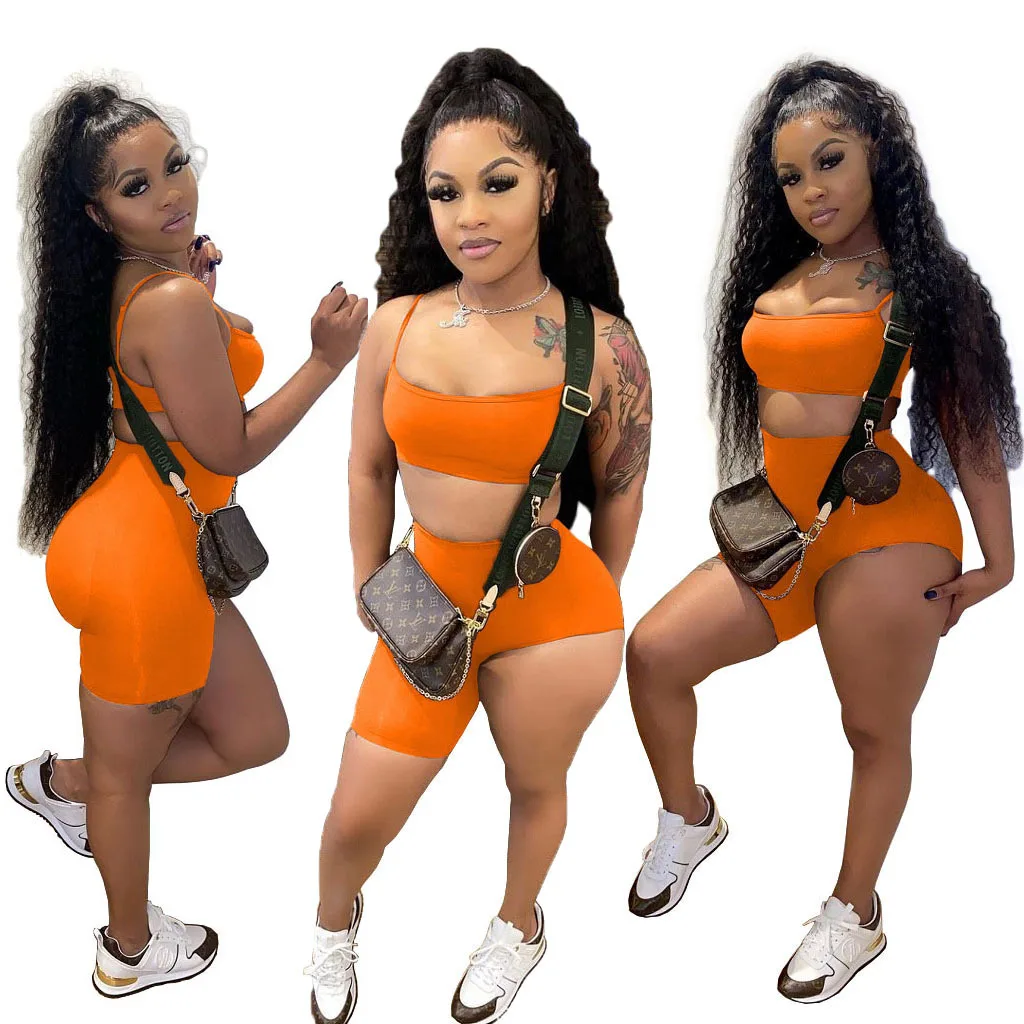 2022 Summer Neon Two Piece Low Cut 2 Piece Set Women Clothing Sport Backless Crop Top And Short Set