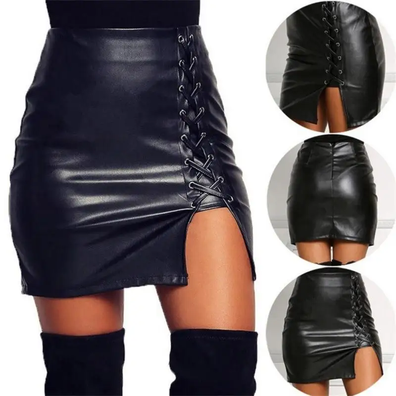 Woman high waist PU leather sexy nightclub skirt