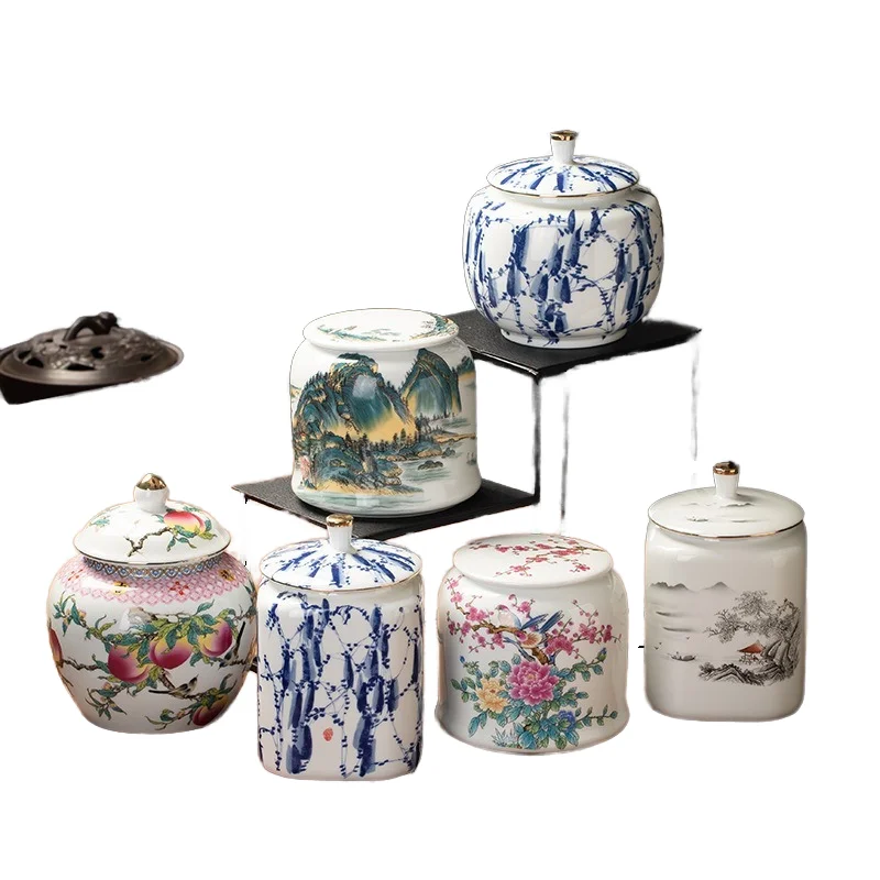 Factory Supply Candy Coffee Tea Storage Containers Jar Sealed Jar Household High-grade Tea Can Ceramic Blue and White Camping