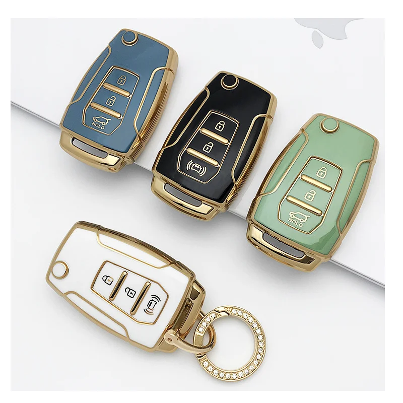 New TPU soft Fob key Cover for New Ssangyong Rexton Korando 3 buttons car key case with gold line key pouch accessory