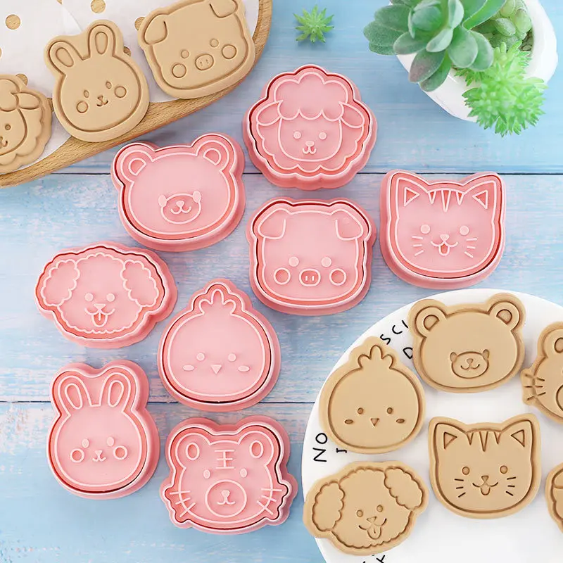 8PCS Cookie Cutters Plastic 3D Animals Dinosaur Cat Dog Fish Cartoon Biscuit Mold